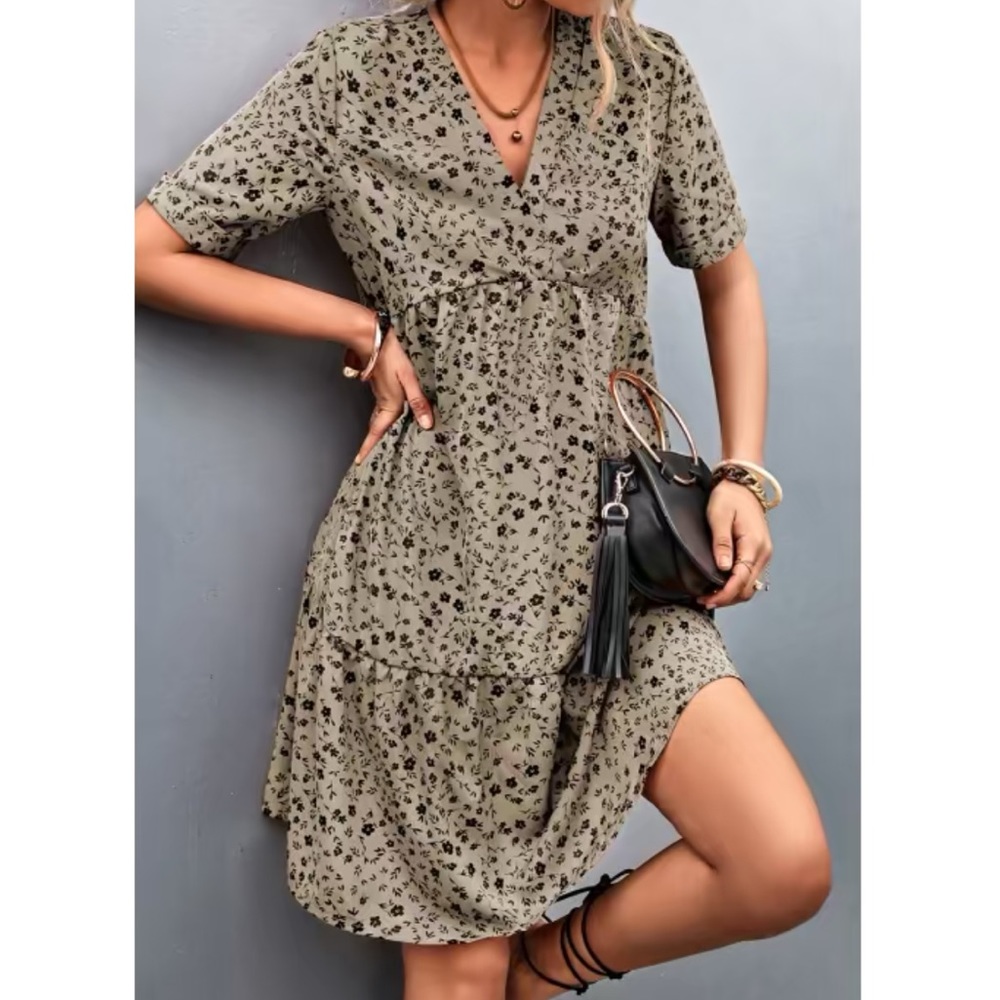 Floral Print Casual V-neck swing dress
